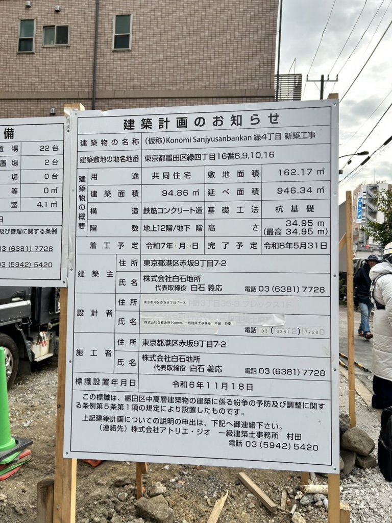 (仮称)Konomi Sanjyusanbankan 緑4丁目 新築工事 建築看板写真(2025年1月29日撮影)