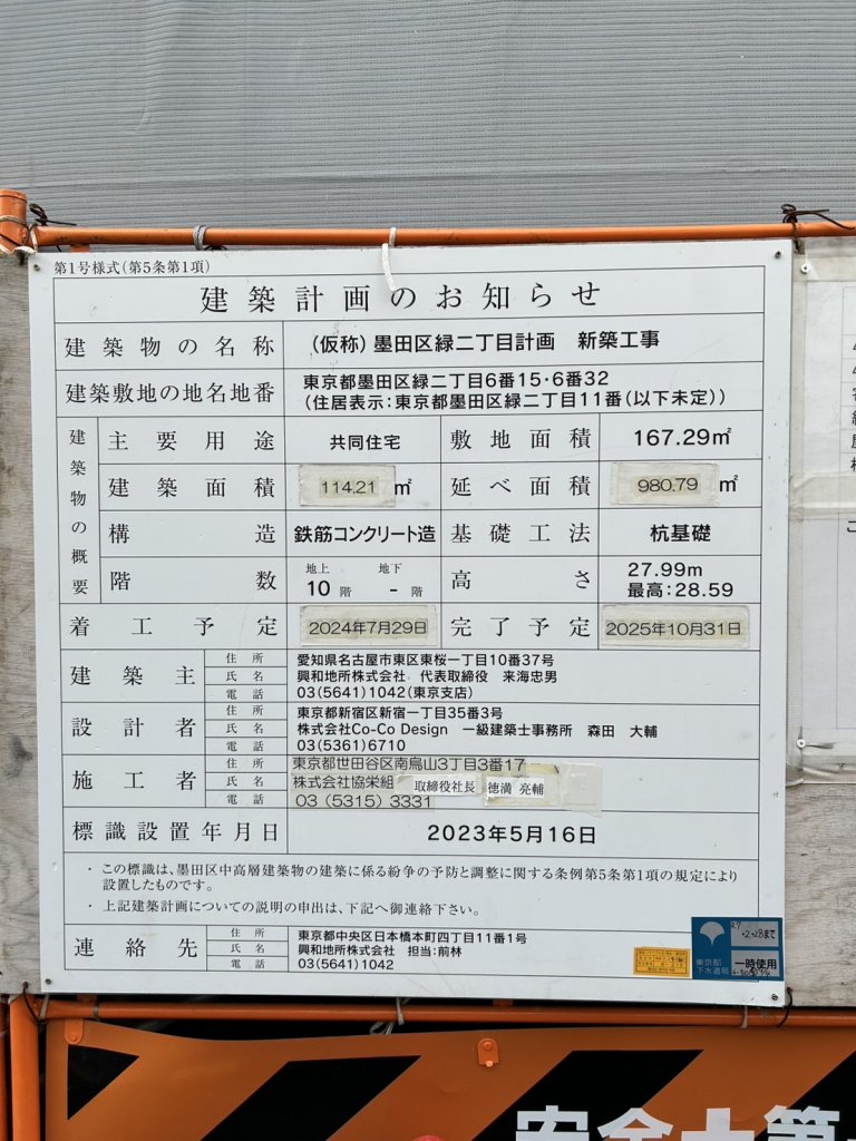 (仮称)墨田区緑二丁目計画 新築工事 建築看板写真(2025年1月29日撮影)