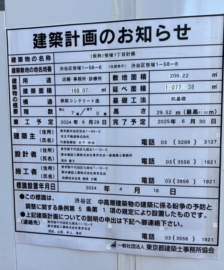 (仮称)笹塚1丁目計画 建築看板写真(2025年1月29日撮影)