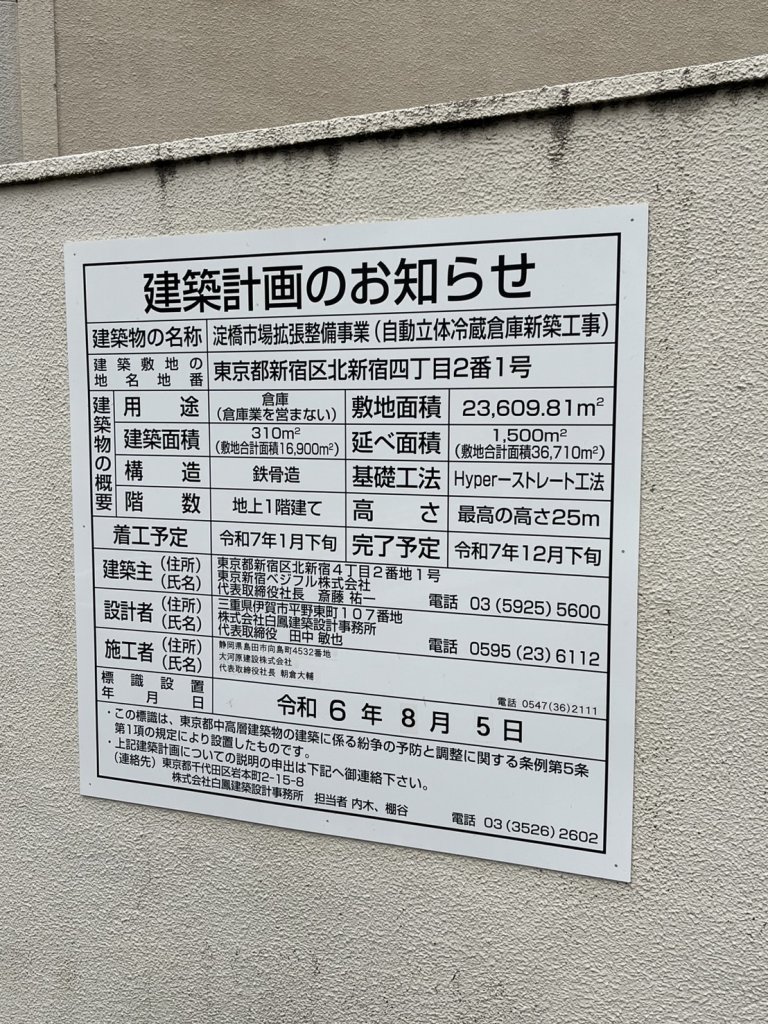 淀橋市場拡張整備事業(自動立体冷蔵倉庫新築工事) 建築看板写真(2025年2月4日撮影)