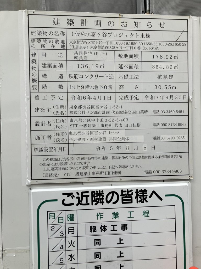 (仮称)富ヶ谷プロジェクト東棟 建築看板写真（2025年2月7日撮影）