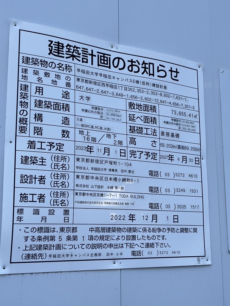 早稲田大学早稲田キャンパスE棟(仮称)建設計画 建築看板写真（2025年2月9日撮影）