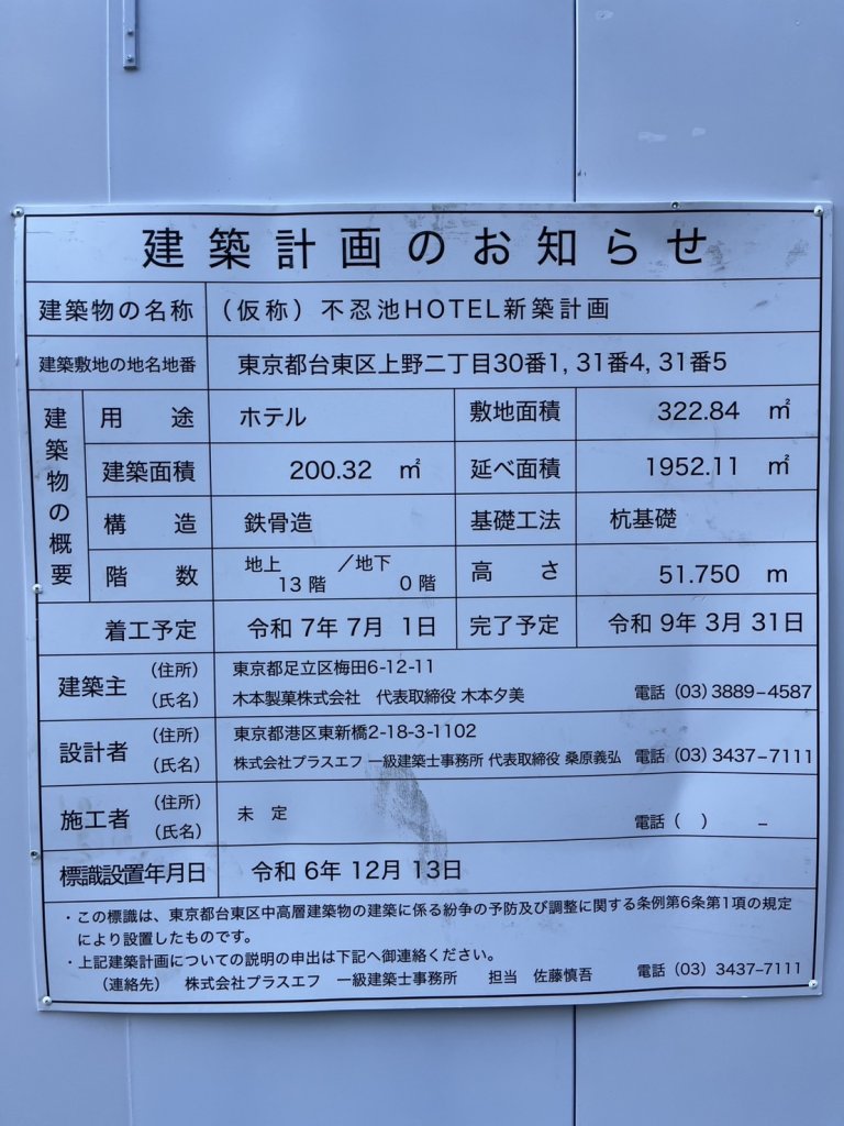 (仮称)不忍池HOTEL新築計画 建築看板写真(2025年2月9日撮影)