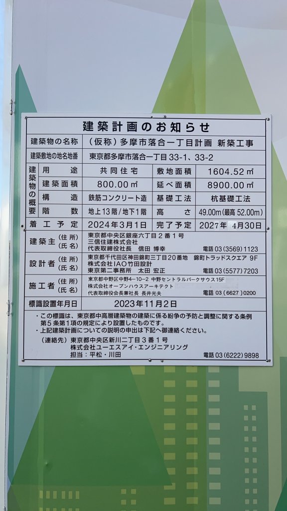 (仮称)多摩市落合一丁目計画新築工事 建築看板写真（2025年2月14日撮影）