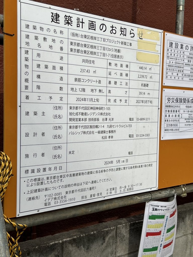 (仮称)台東区根岸三丁目プロジェクト新築工事 建築看板写真(2025年2月18日撮影)