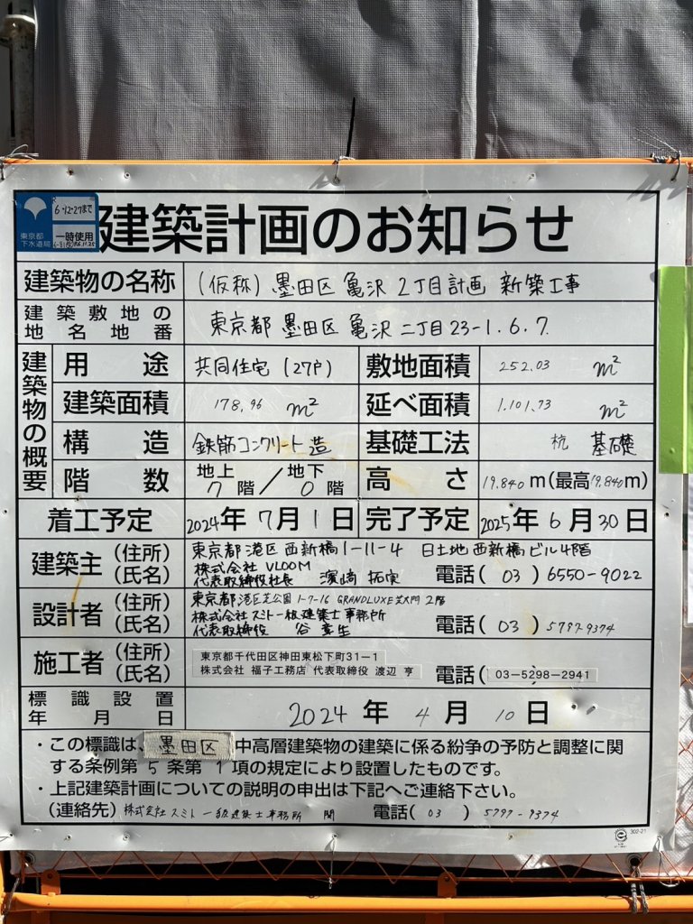 (仮称)墨田区亀沢2丁目計画新築工事 建築看板写真(2025年2月18日撮影)