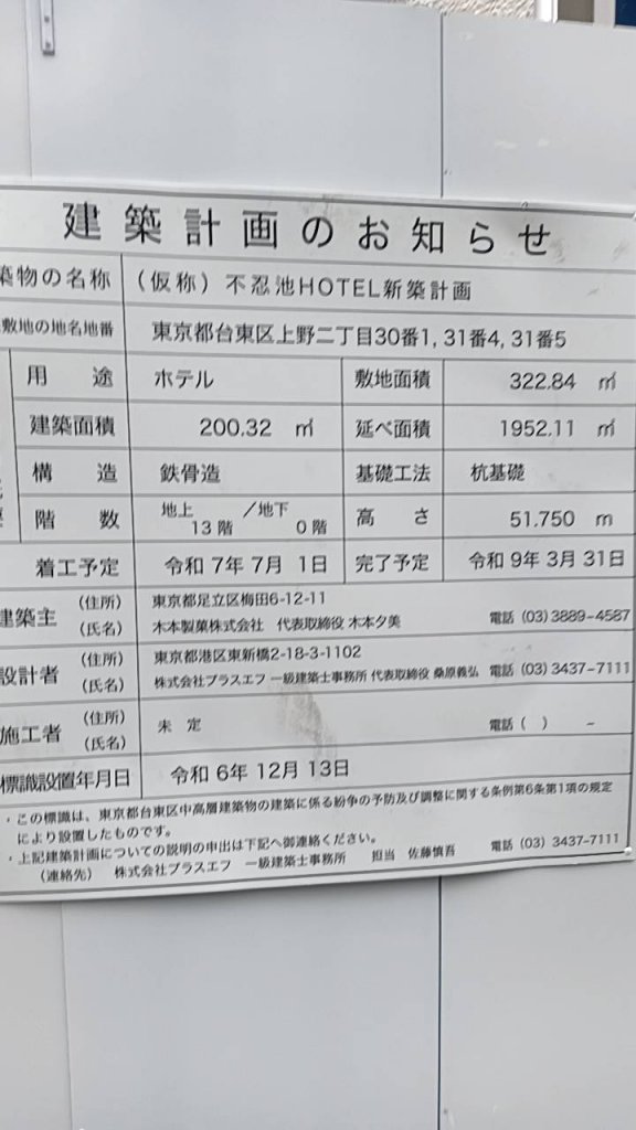 (仮称)不忍池HOTEL新築計画 建築看板写真(2025年2月22日撮影)