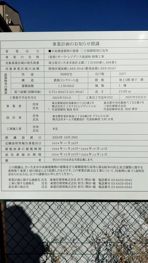 (仮称)ガーラ・レジデンス南浦和 新築工事 建築看板写真（2025年2月22日撮影）