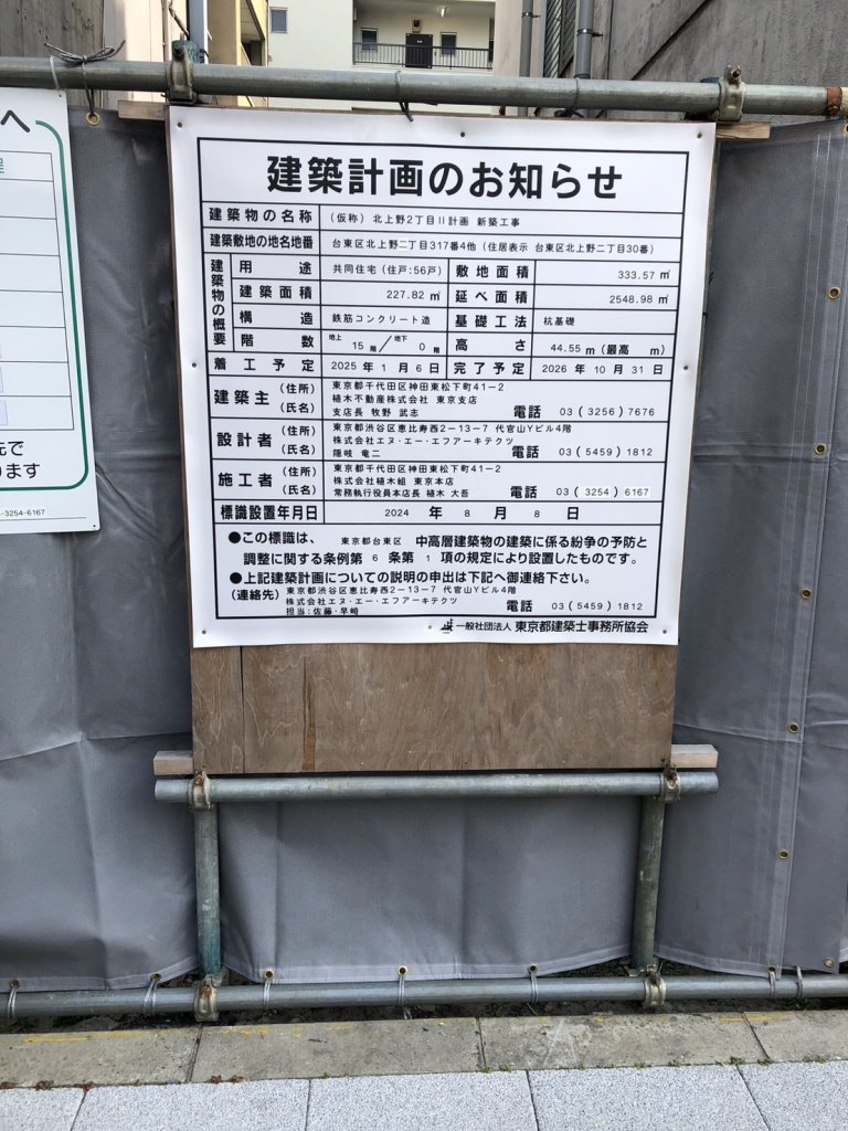 (仮称)北上野2丁目Ⅱ計画 新築工事 建築看板写真（2025年2月23日撮影）