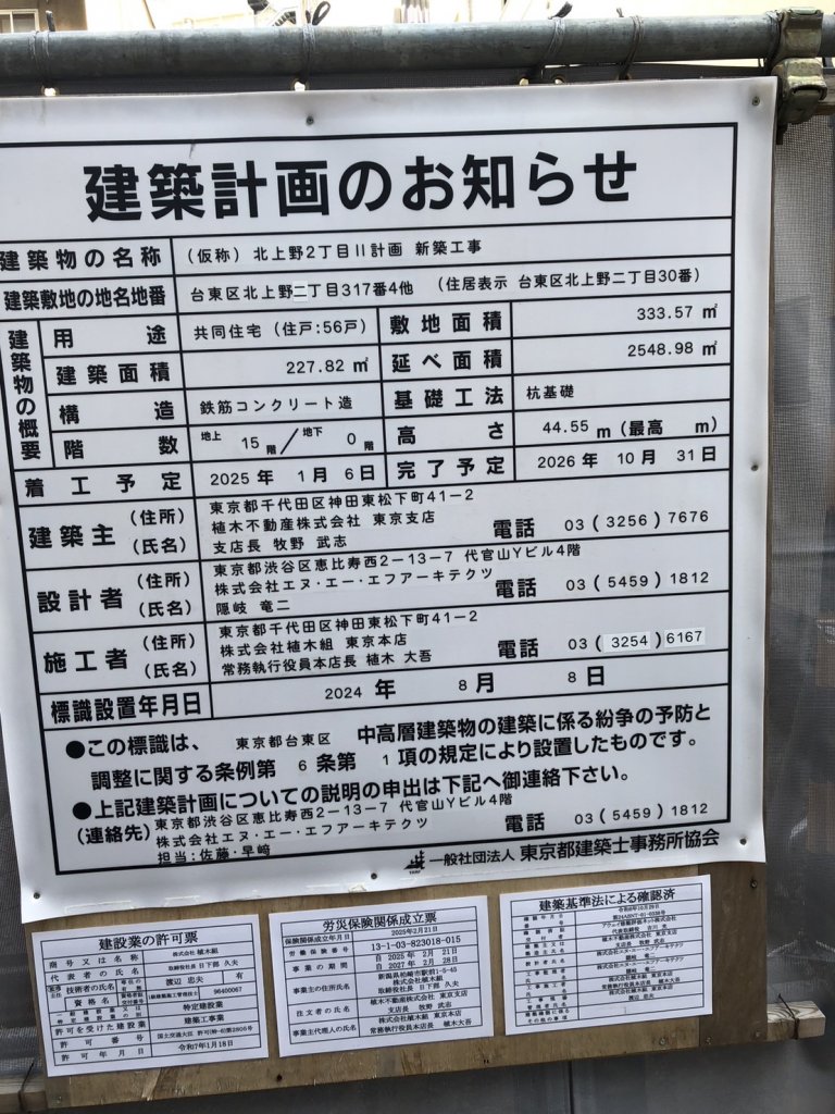 (仮称)北上野2丁目Ⅱ計画 新築工事 建築看板写真(2025年2月23日撮影)