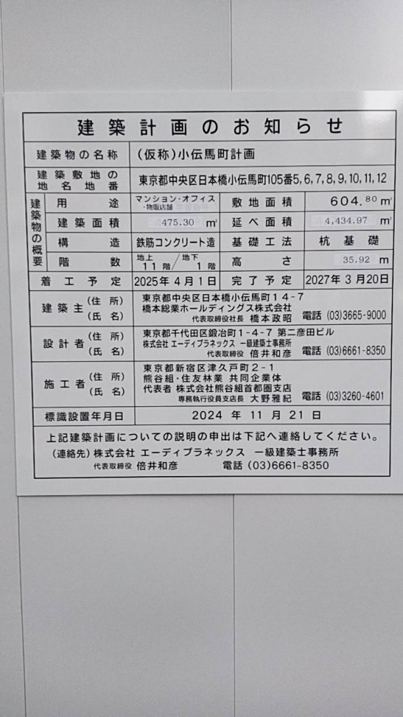 (仮称)小伝馬町計画 建築看板写真（2025年2月25日撮影）