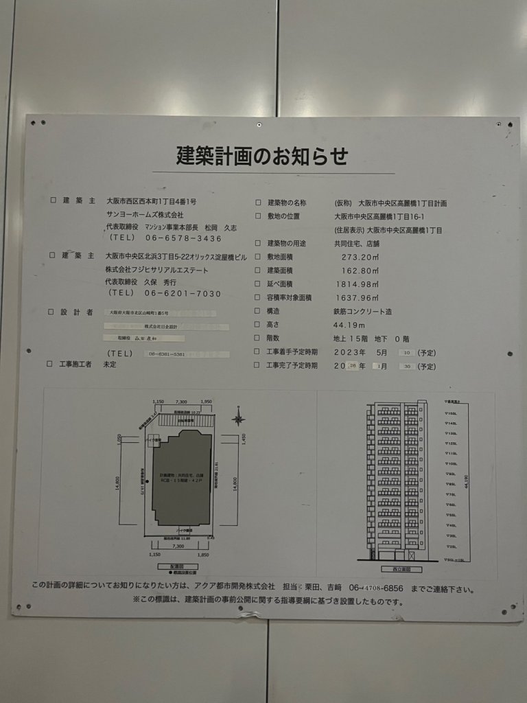 (仮称) 大阪市中央区高麗橋1丁目計画 建築看板写真(2025年2月27日撮影)