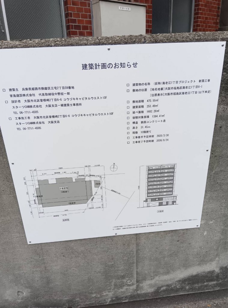 (仮称) 海老江1丁目プロジェクト 新築工事 建築看板写真(2025年3月1日撮影)