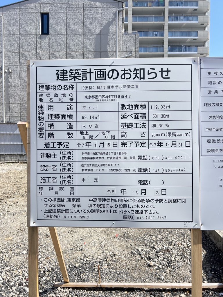 (仮称) 緑1丁目ホテル新築工事 建築看板写真(2025年3月8日撮影)