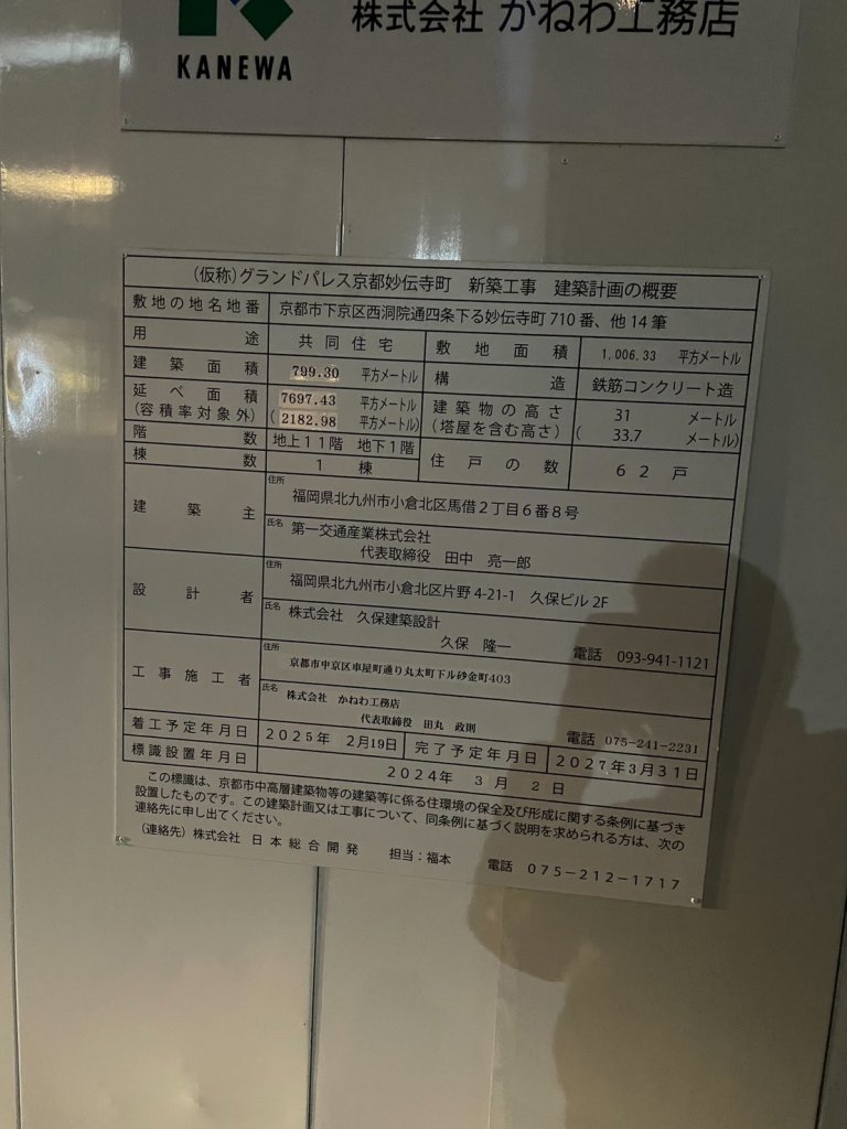 (仮称)グランドパレス京都妙伝寺町 新築工事 建築看板写真(2025年3月10日撮影)