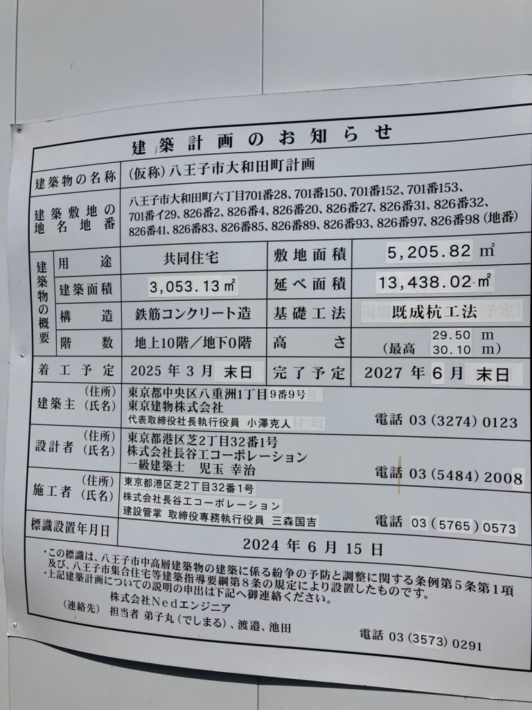(仮称)八王子市大和田町計画 建築看板写真(2025年3月12日撮影)