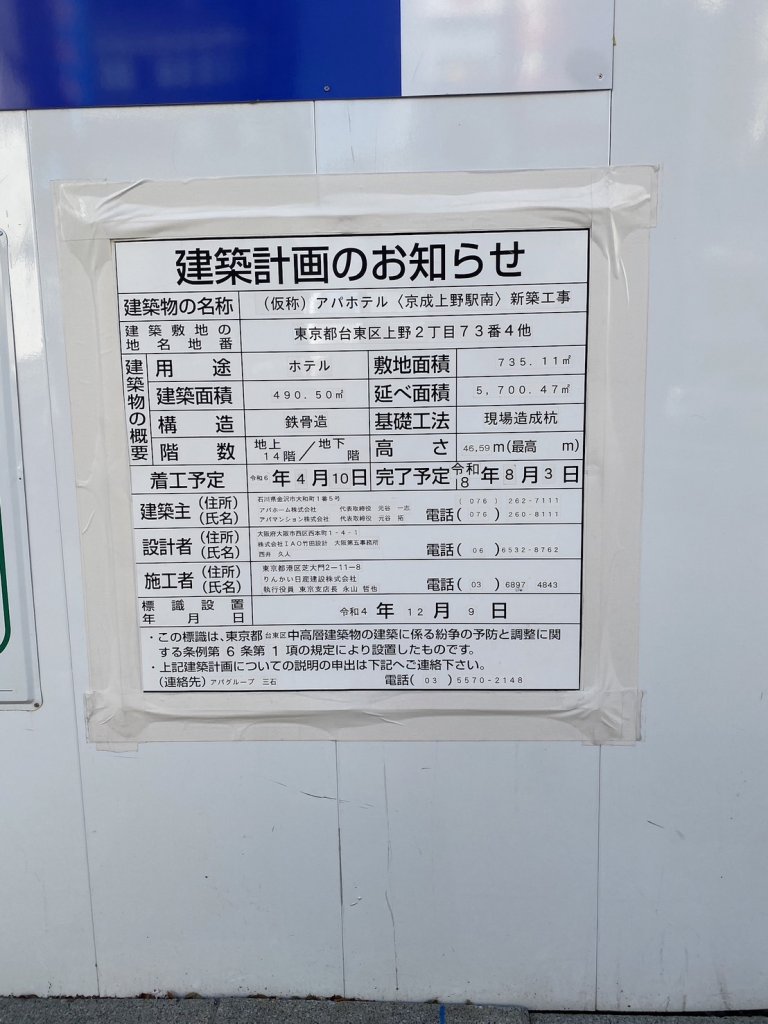 (仮称)アパホテル〈京成上野駅南〉新築工事 建築看板写真(2025年3月14日撮影)