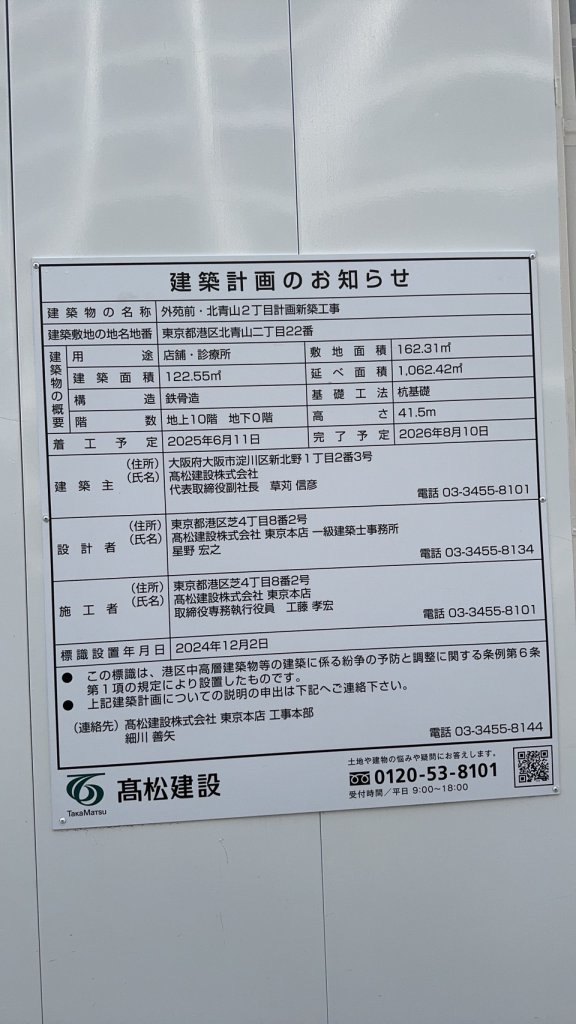 外苑前・北青山2丁目計画新築工事 建築看板写真(2025年3月14日撮影)