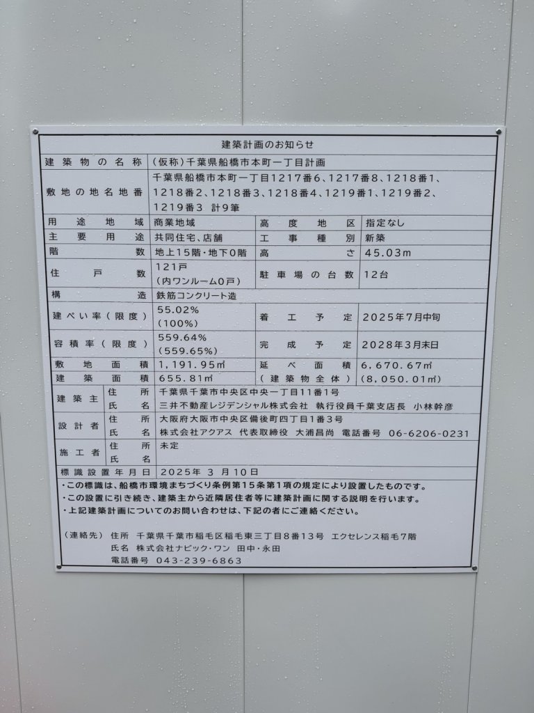(仮称)千葉県船橋市本町一丁目計画 建築看板写真(2025年3月17日撮影)
