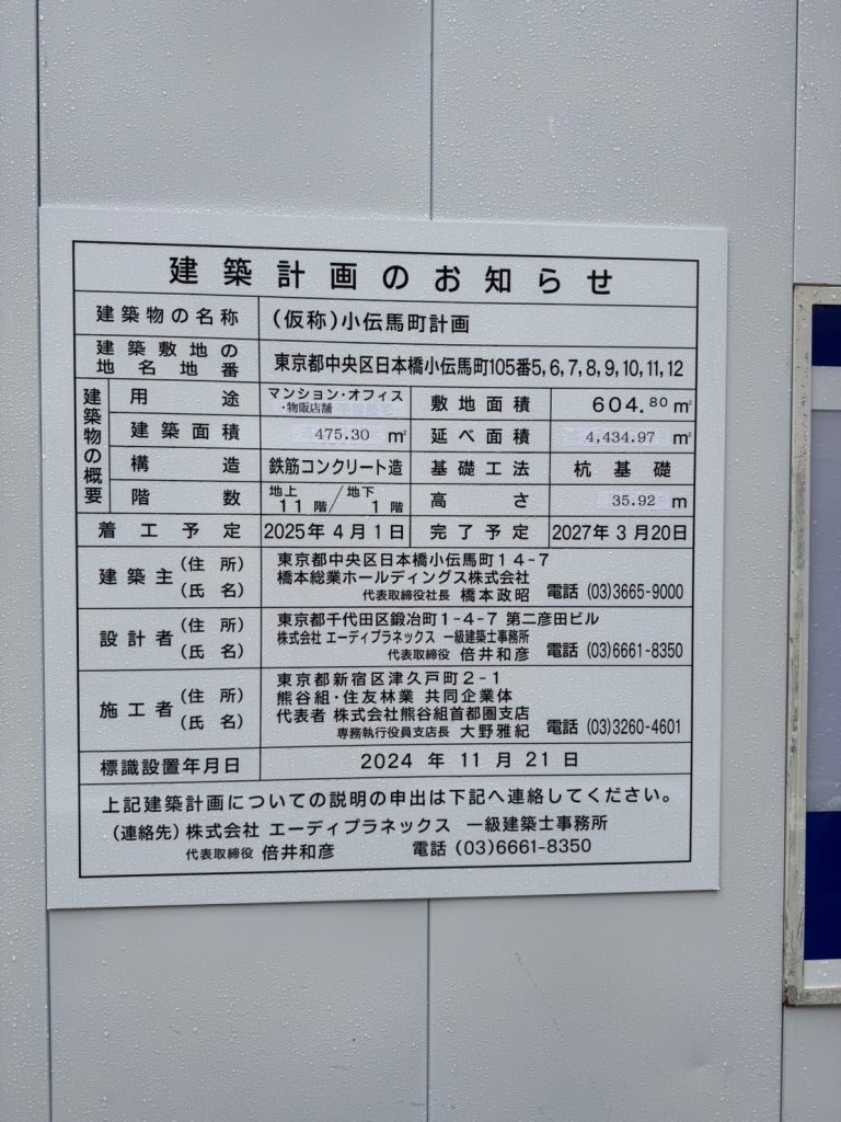 (仮称)小伝馬町計画 建築看板写真(2025年3月17日撮影)