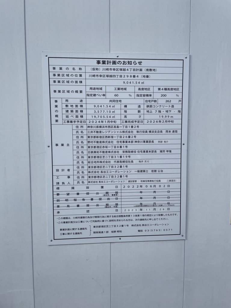 (仮称)川崎市幸区塚越4丁目計画(南敷地) 建築看板写真(2025年3月21日撮影)