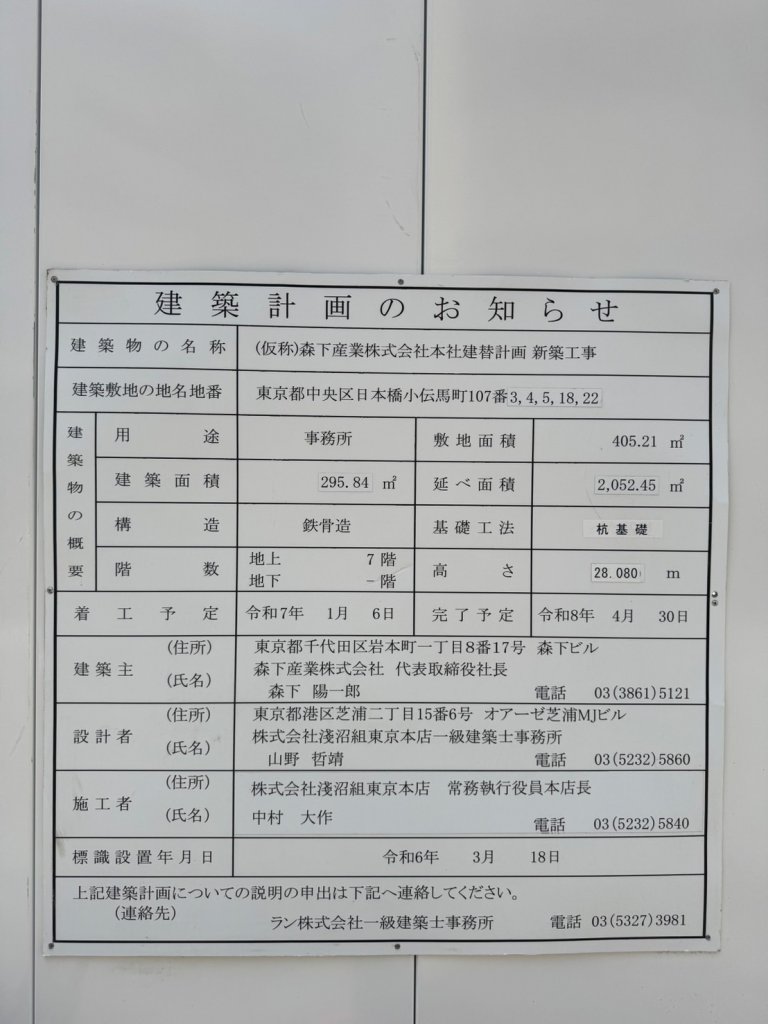 (仮称)森下産業株式会社本社建替計画新築工事 建築看板写真(2025年3月22日撮影)
