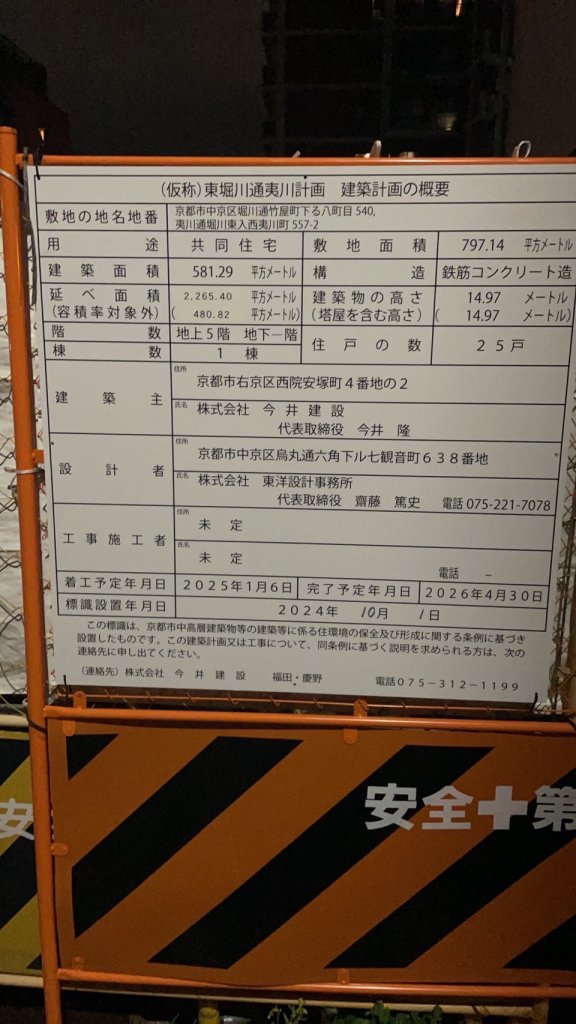 (仮称)東堀川通夷川計画 建築計画の概要 建築看板写真(2025年3月27日撮影)
