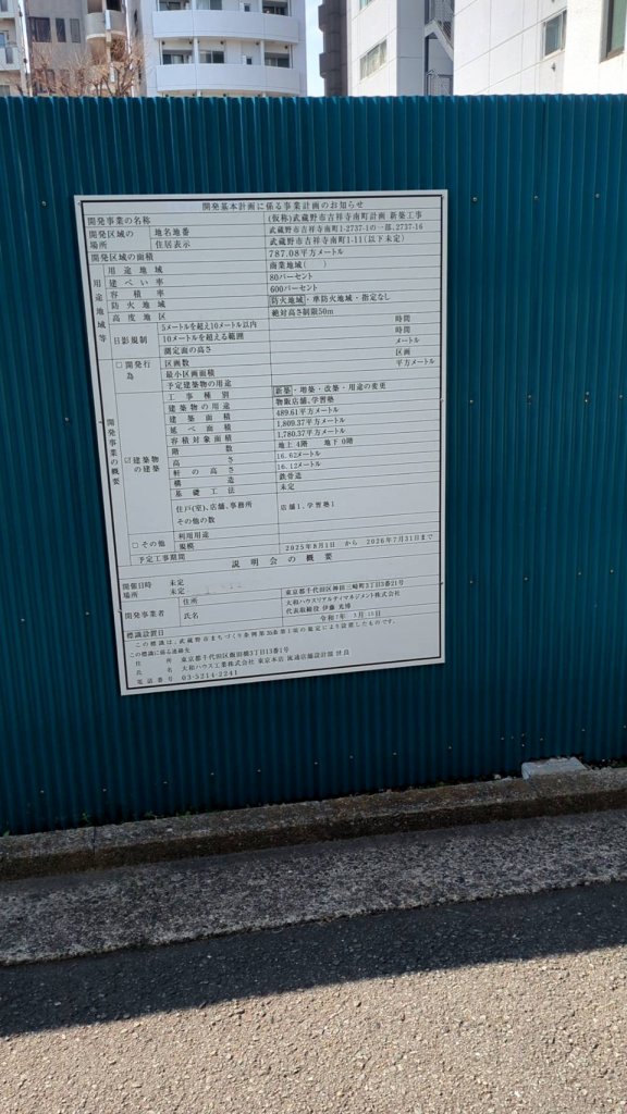 (仮称)武蔵野市吉祥寺南町計画新築工事 建築看板写真(2025年3月30日撮影)
