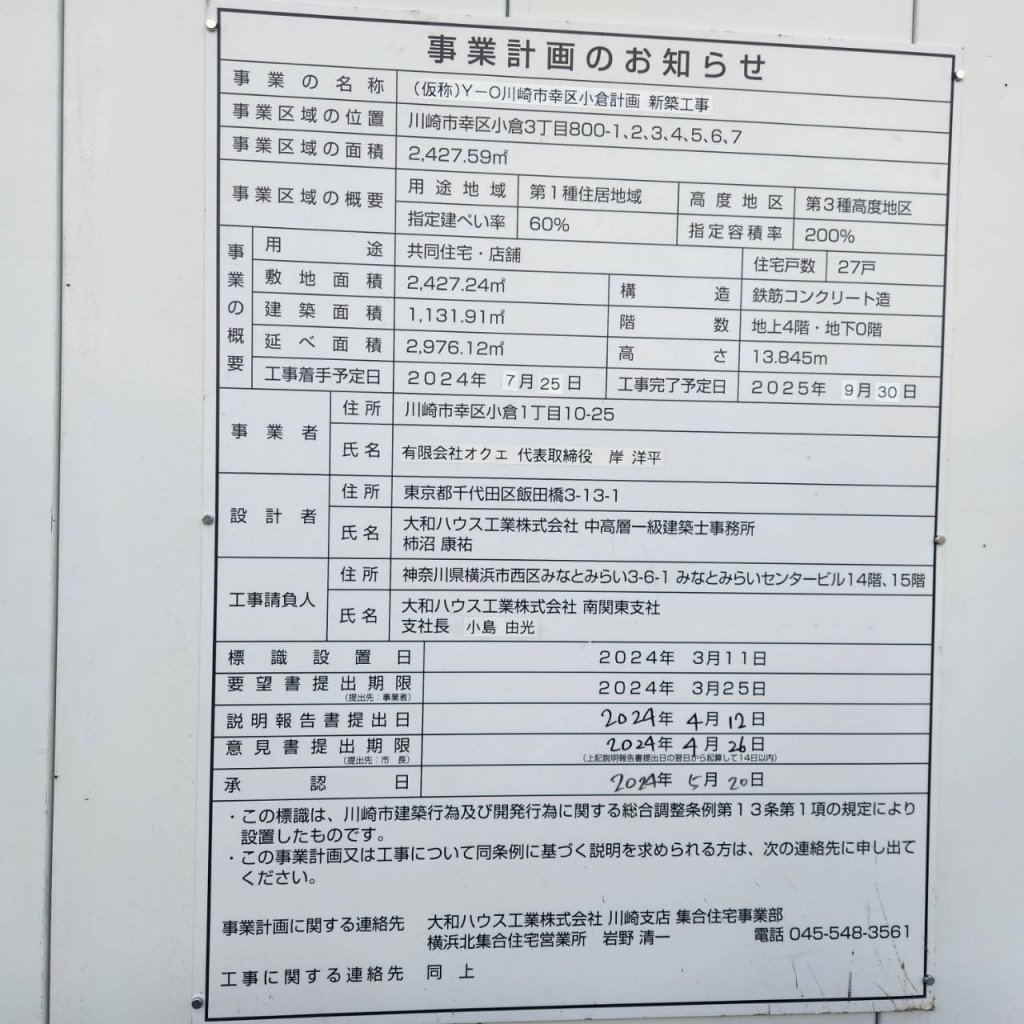(仮称)Y-O川崎市幸区小倉計画 新築工事 建築看板写真(2025年3月30日撮影)
