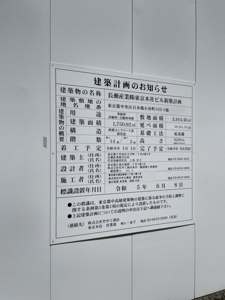 長瀬産業(株)東京本社ビル新築計画 建築看板写真(2025年4月18日撮影)