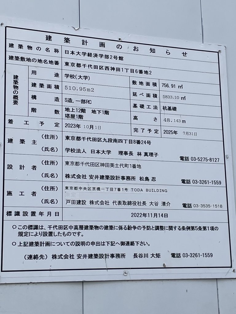 日本大学経済学部2号館 建築看板写真(2025年4月18日撮影)