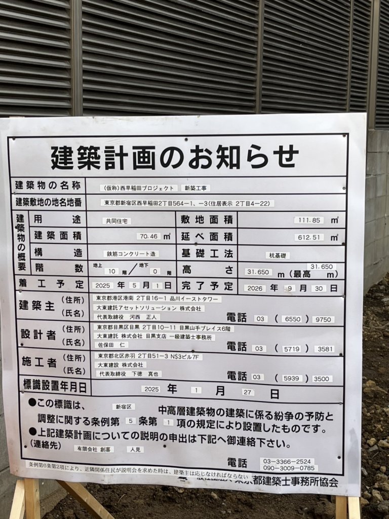 (仮称)西早稲田プロジェクト 新築工事 建築看板写真(2025年4月21日撮影)