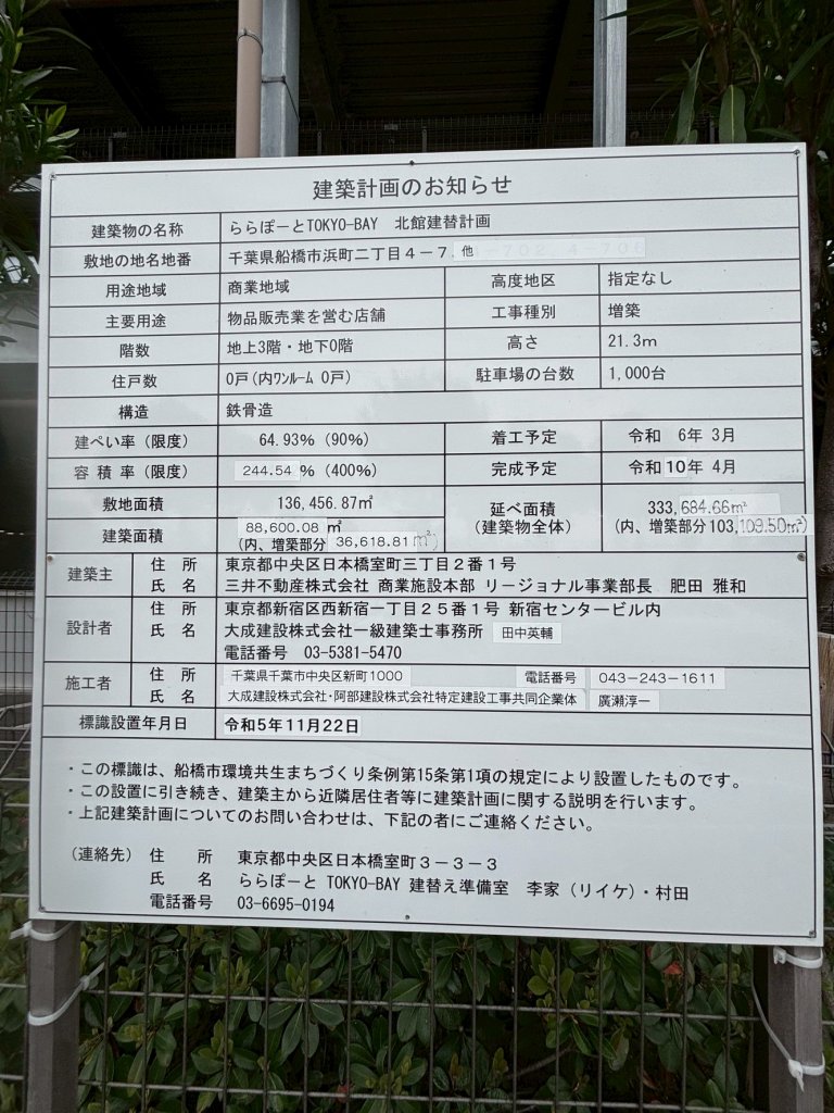 ららぽーとTOKYO-BAY 北館建替計画 建築看板写真(2025年4月21日撮影)