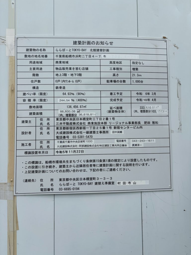 ららぽーとTOKYO-BAY 北館建替計画 建築看板写真(2025年4月21日撮影)
