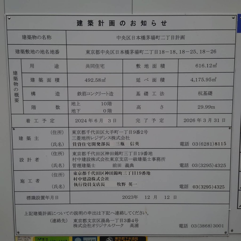中央区日本橋茅場町二丁目計画 建築看板写真(2025年4月21日撮影)