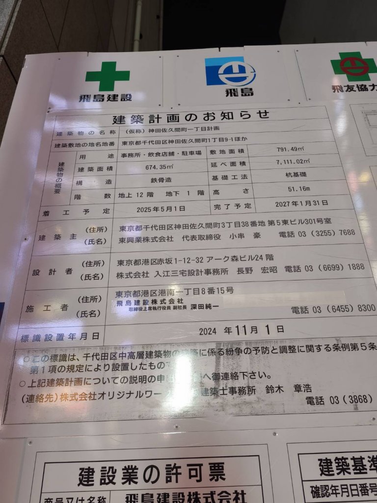 (仮称)神田佐久間町一丁目計画 建築看板写真(2025年4月21日撮影)