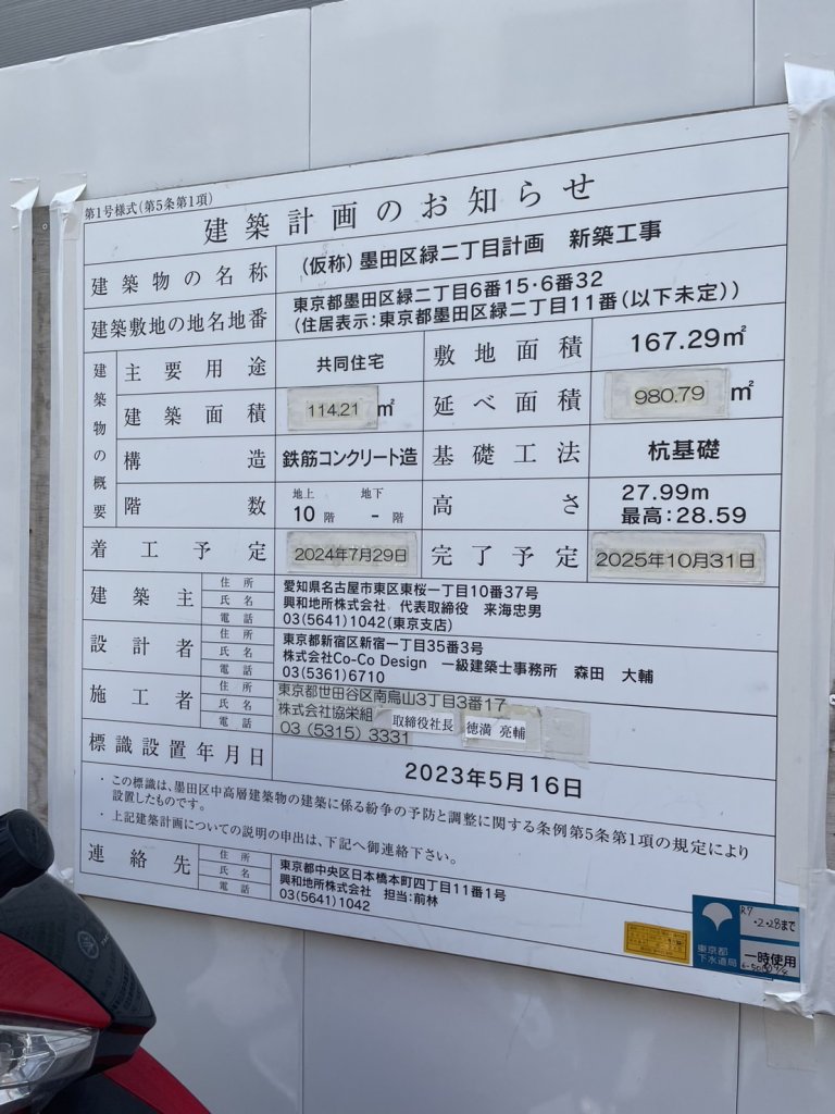 (仮称)墨田区緑二丁目計画 新築工事 建築看板写真(2025年4月22日撮影)