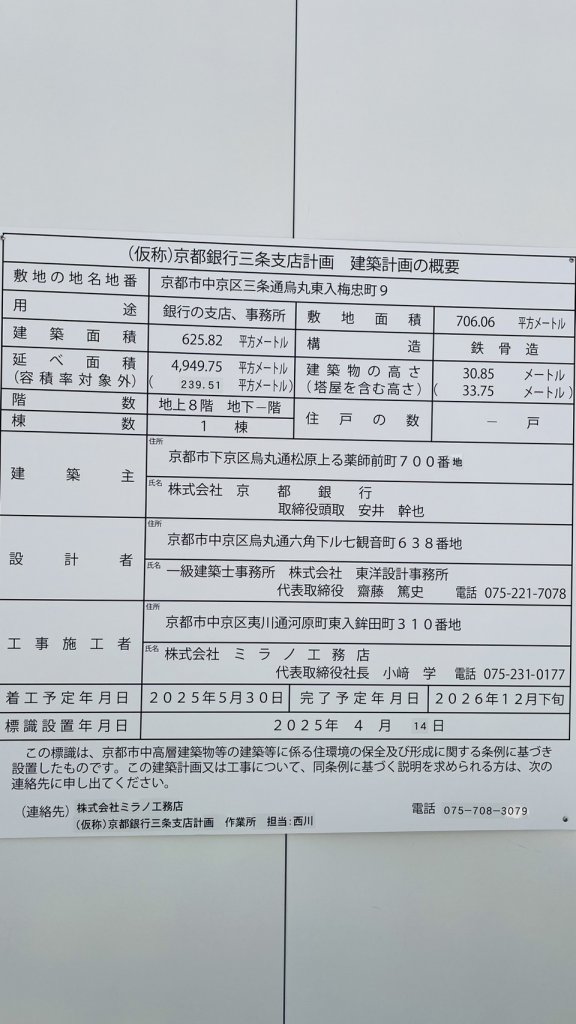 (仮称)京都銀行三条支店計画 建築計画の概要