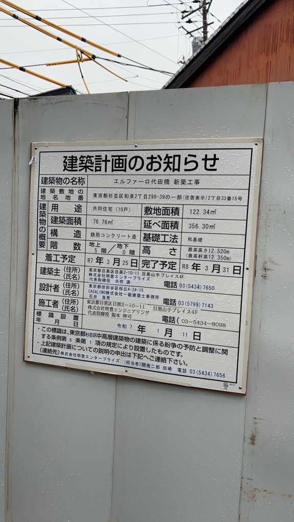 エルファーロ代田橋 新築工事 建築看板写真(2025年4月24日撮影)