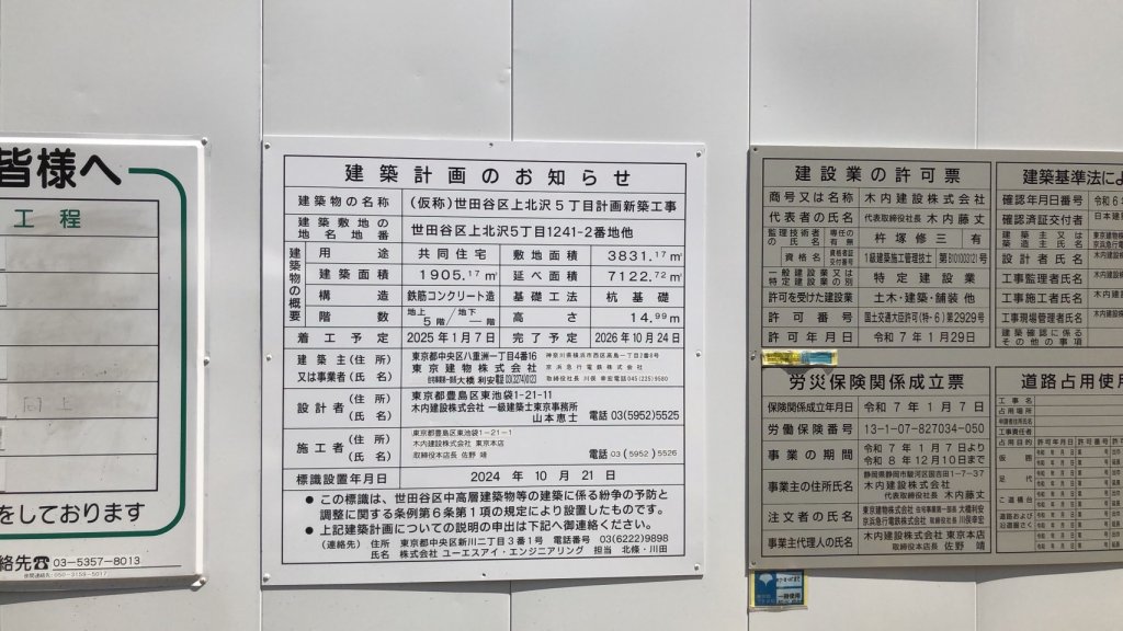 (仮称)世田谷区上北沢5丁目計画新築工事 建築看板写真(2025年4月30日撮影)