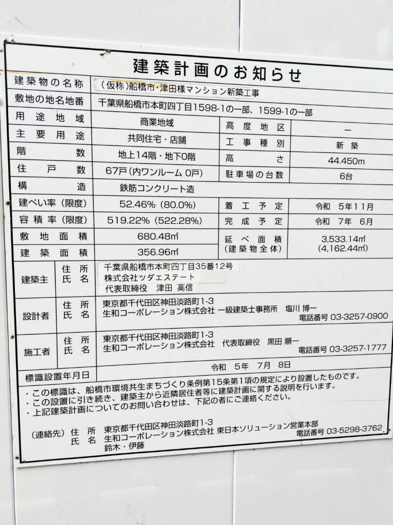 (仮称)船橋市・T様マンション新築工事 建築看板写真（2025年5月1日撮影）
