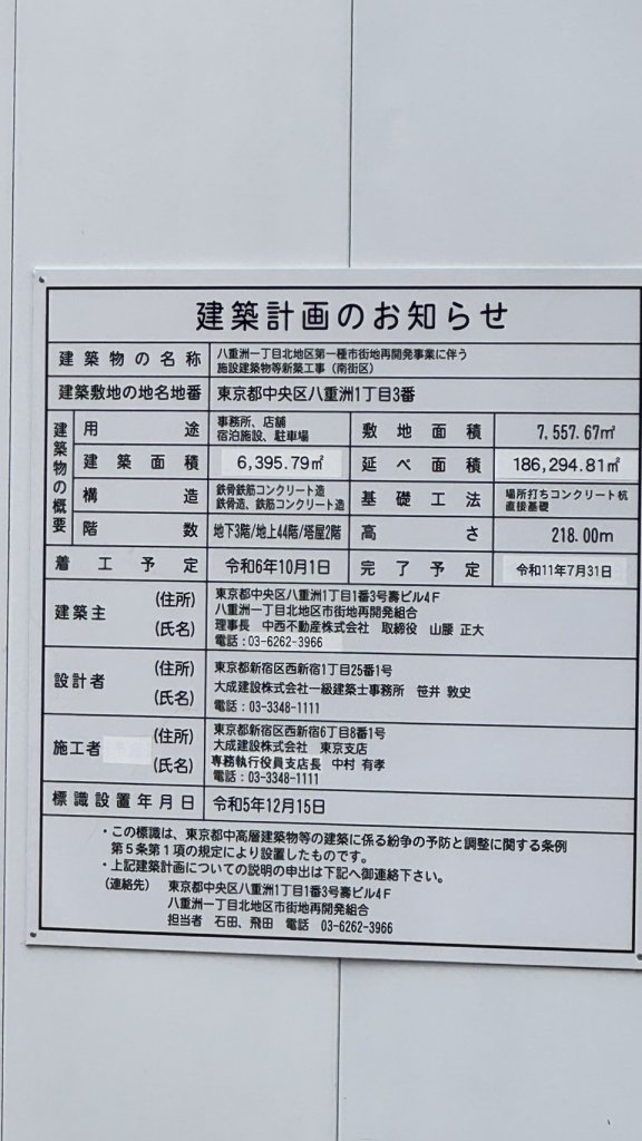 八重洲一丁目北地区第一種市街地再開発事業に伴う施設建築物等新築工事(南街区) 建築看板写真(2025年5月4日撮影)