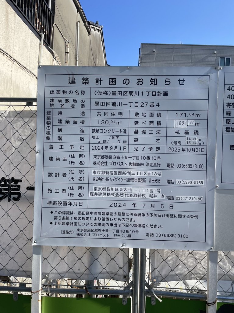 (仮称)墨田区菊川1丁目計画 建築看板写真(2025年5月10日撮影)