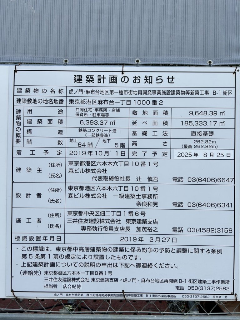 虎ノ門・麻布台地区第一種市街地再開発事業施設建築物等新築工事 B-1街区 建築看板写真(2025年5月10日撮影)