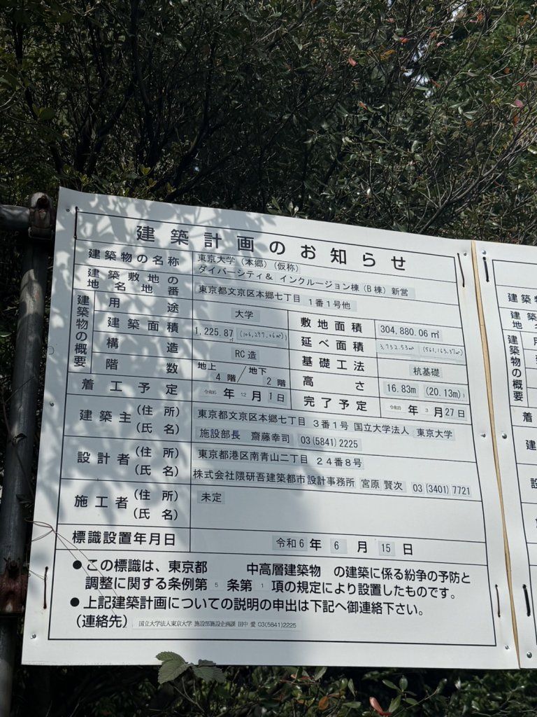 東京大学(本郷)(仮称) ダイバーシティ&インクルージョン棟 (B棟)新営 建築看板写真(2025年5月10日撮影)
