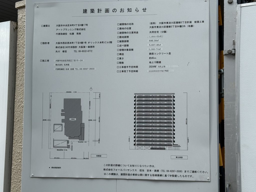 (仮称) 大阪市東淀川区豊新5丁目計画新築工事 建築看板写真(2025年5月10日撮影)