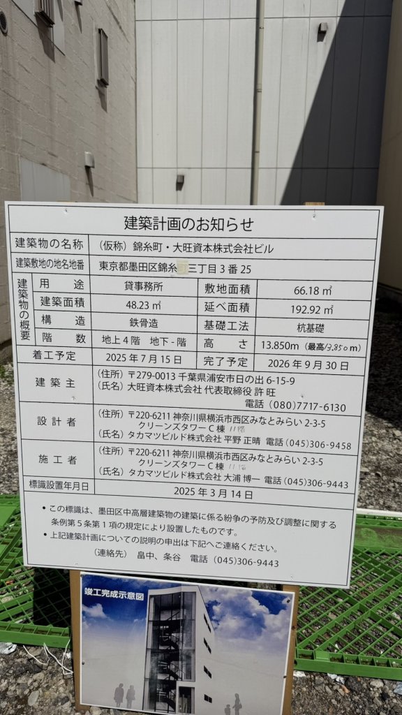 (仮称) 錦糸町・大旺資本株式会社ビル 建築看板写真(2025年5月20日撮影)