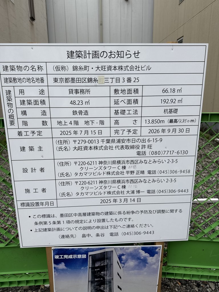 (仮称) 錦糸町・大旺資本株式会社ビル 建築看板写真(2025年5月22日撮影)