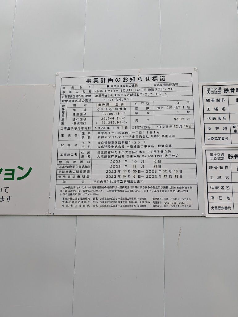 (仮称)OMIYA SOUTH GATE 増築プロジェクト 建築看板写真(2025年5月24日撮影)