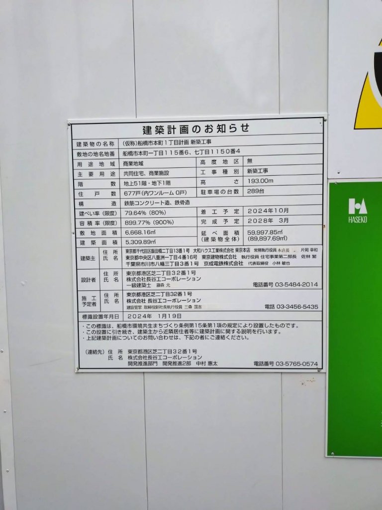 (仮称)船橋市本町1丁目計画新築工事 建築看板写真(2025年5月25日撮影)